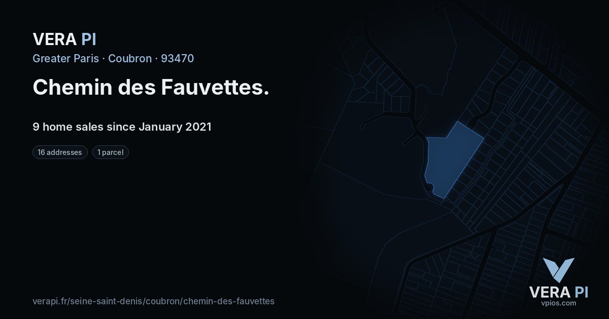 Chemin des Fauvettes, Coubron at night – every parcel coloured by the prices around it, the street's own parcels lit