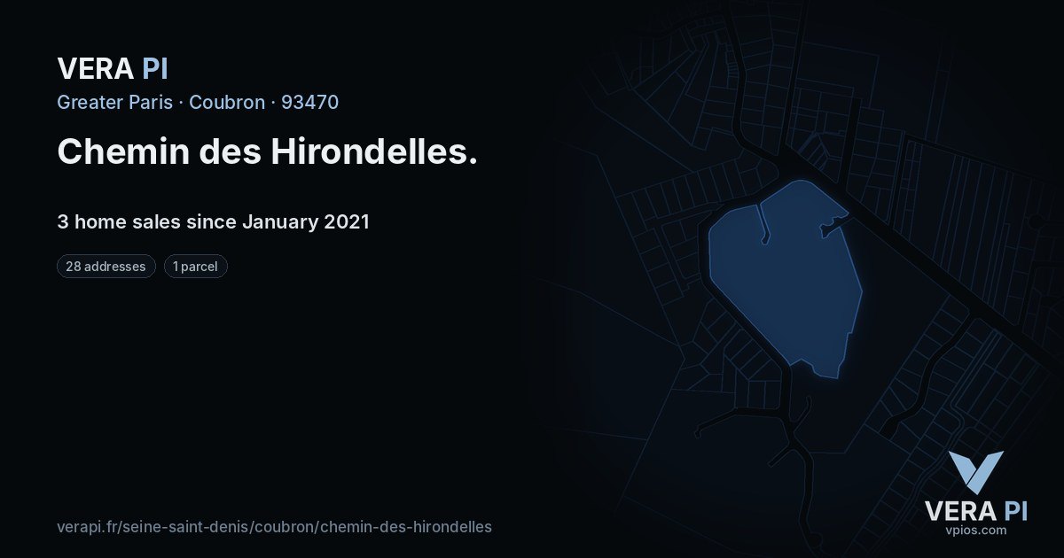 Chemin des Hirondelles, Coubron at night – every parcel coloured by the prices around it, the street's own parcels lit