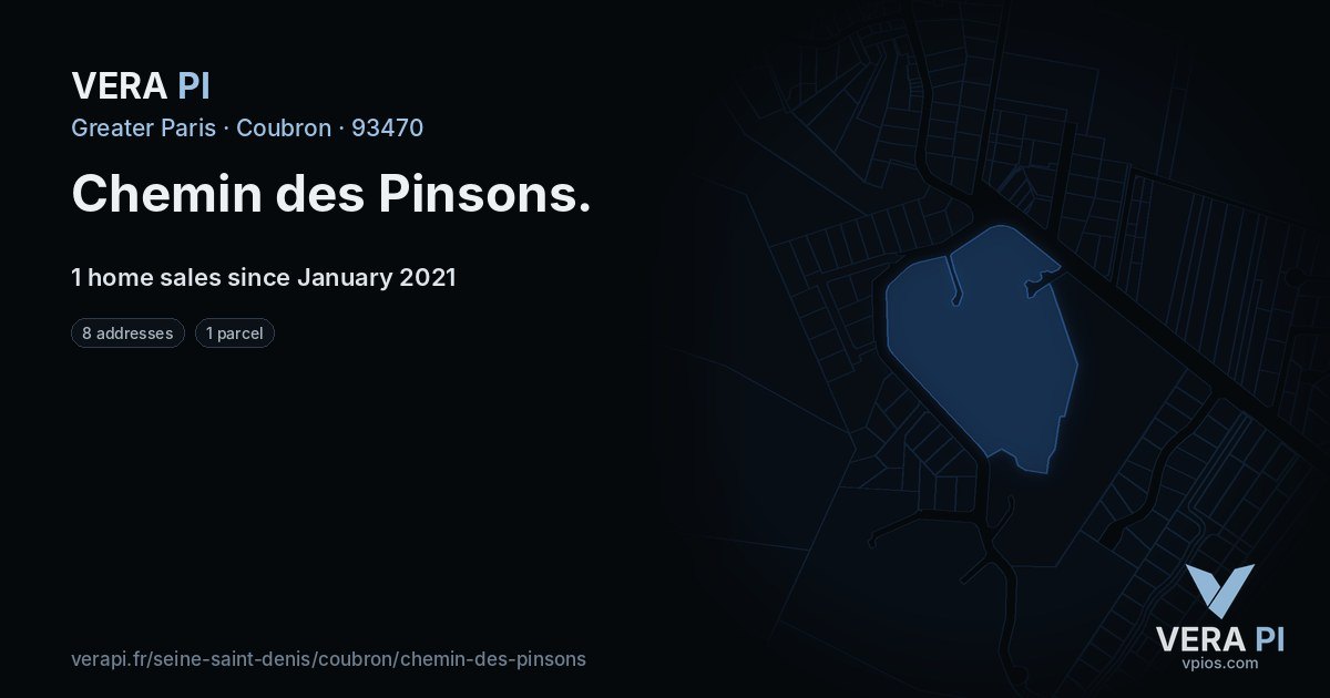 Chemin des Pinsons, Coubron at night – every parcel coloured by the prices around it, the street's own parcels lit
