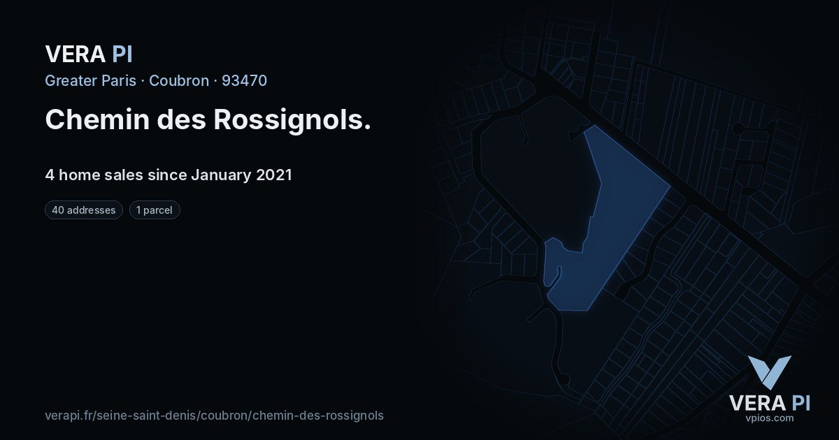 Chemin des Rossignols, Coubron at night – every parcel coloured by the prices around it, the street's own parcels lit