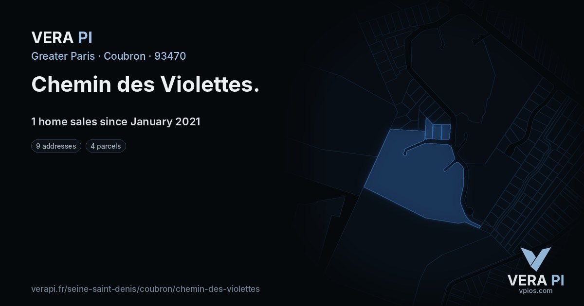 Chemin des Violettes, Coubron at night – every parcel coloured by the prices around it, the street's own parcels lit