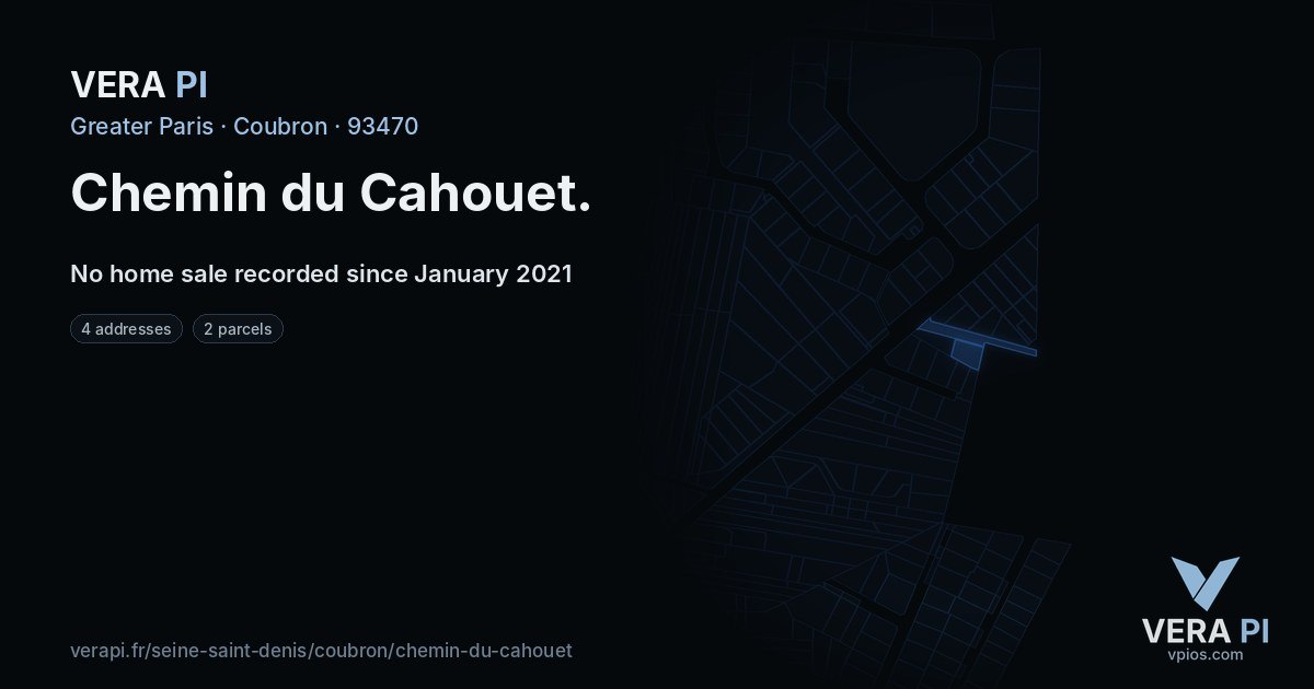 Chemin du Cahouet, Coubron at night – every parcel coloured by the prices around it, the street's own parcels lit