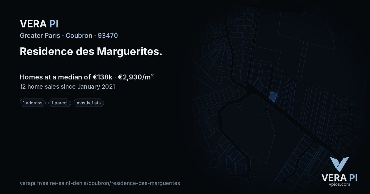 Residence des Marguerites, Coubron at night – every parcel coloured by the prices around it, the street's own parcels lit
