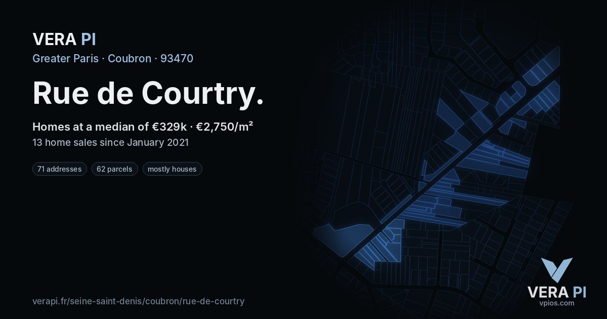 Rue de Courtry, Coubron at night – every parcel coloured by the prices around it, the street's own parcels lit
