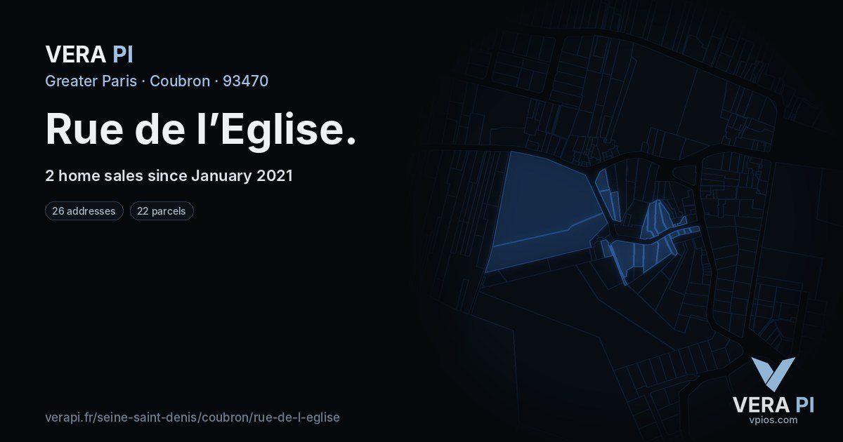 Rue de l’Eglise, Coubron at night – every parcel coloured by the prices around it, the street's own parcels lit