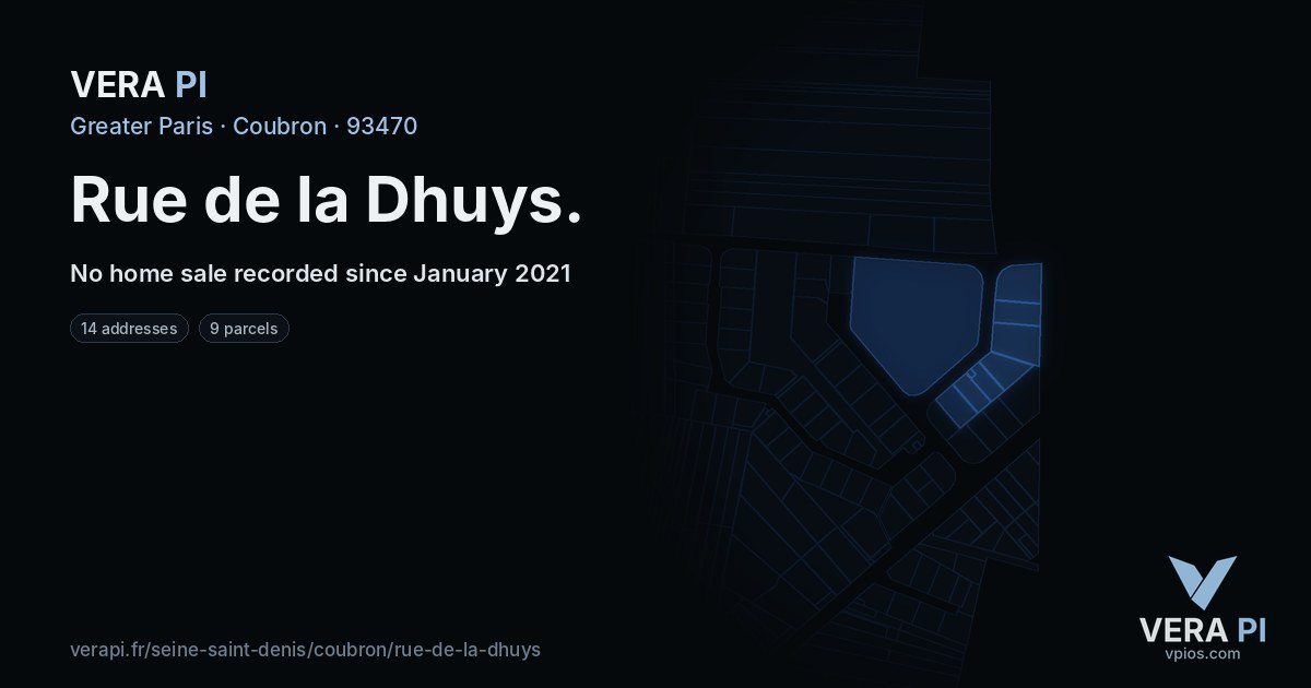 Rue de la Dhuys, Coubron at night – every parcel coloured by the prices around it, the street's own parcels lit
