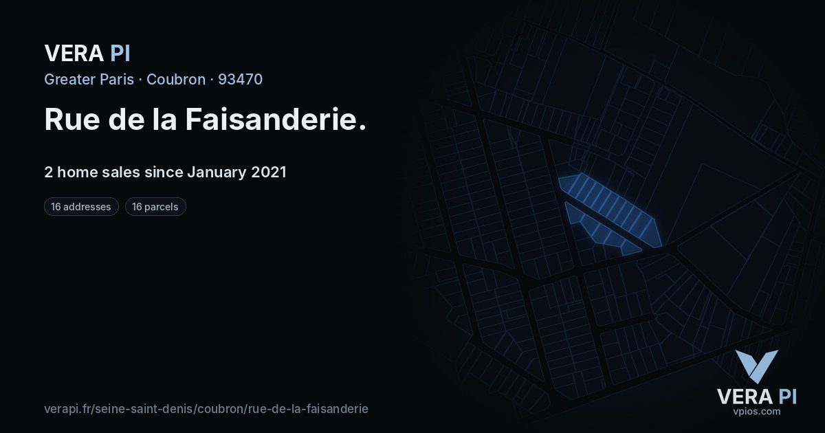 Rue de la Faisanderie, Coubron at night – every parcel coloured by the prices around it, the street's own parcels lit
