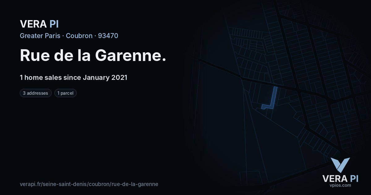 Rue de la Garenne, Coubron at night – every parcel coloured by the prices around it, the street's own parcels lit