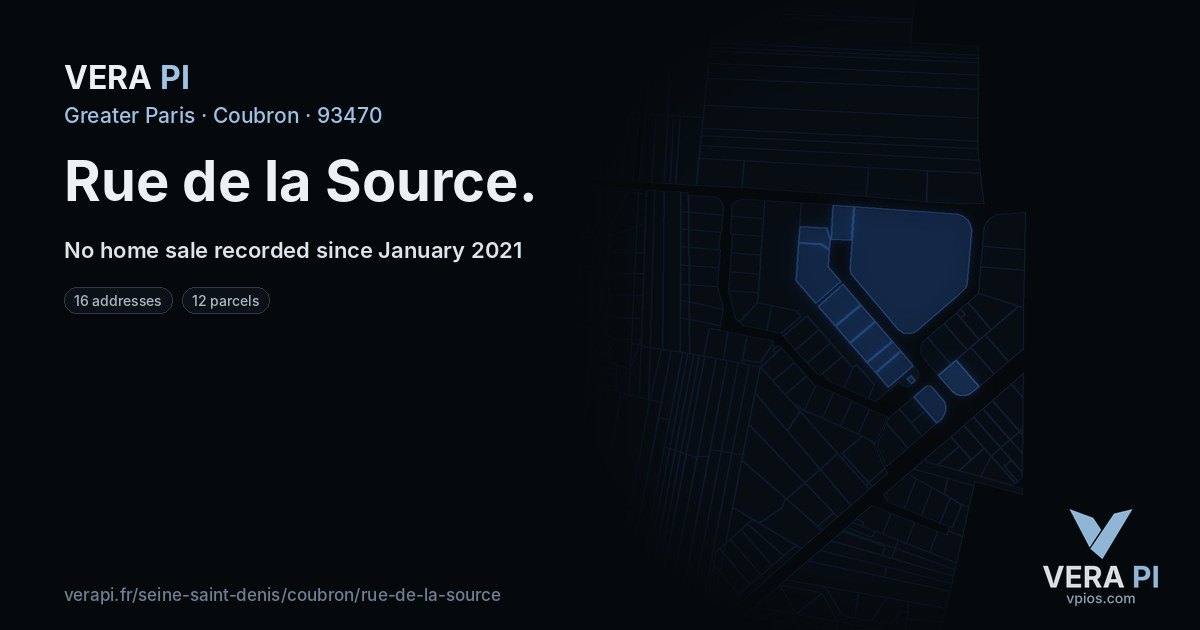 Rue de la Source, Coubron at night – every parcel coloured by the prices around it, the street's own parcels lit