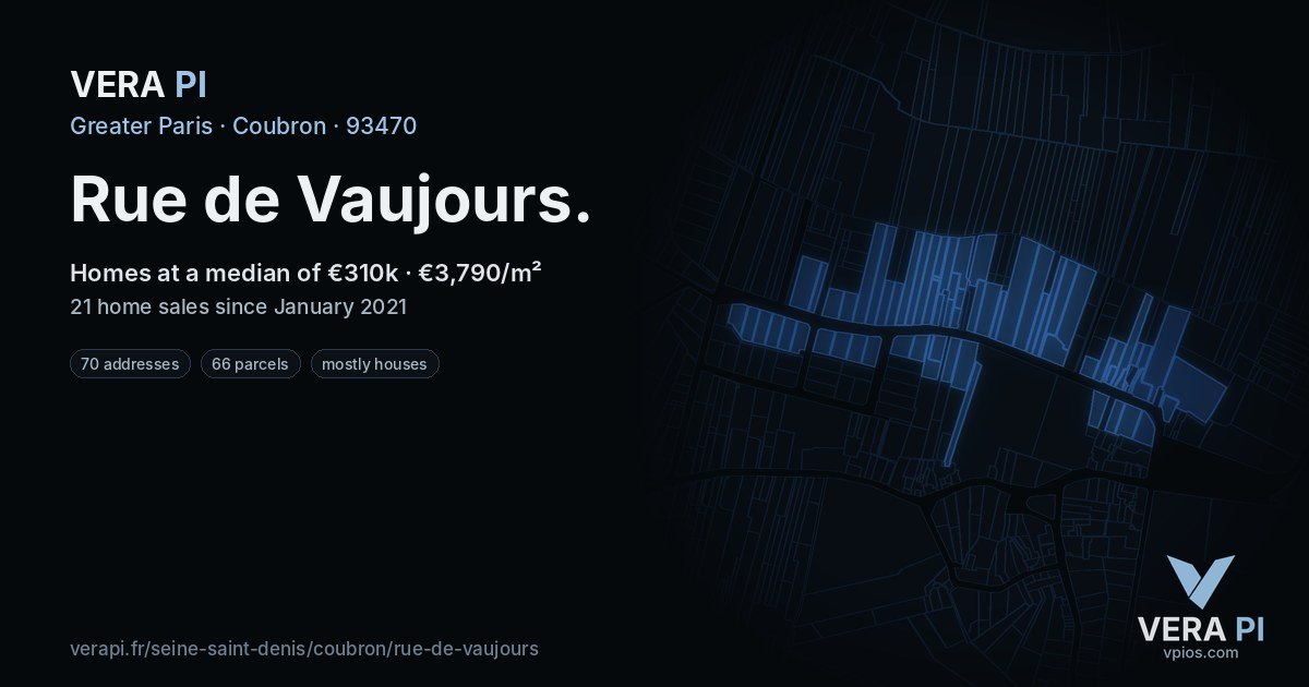 Rue de Vaujours, Coubron at night – every parcel coloured by the prices around it, the street's own parcels lit