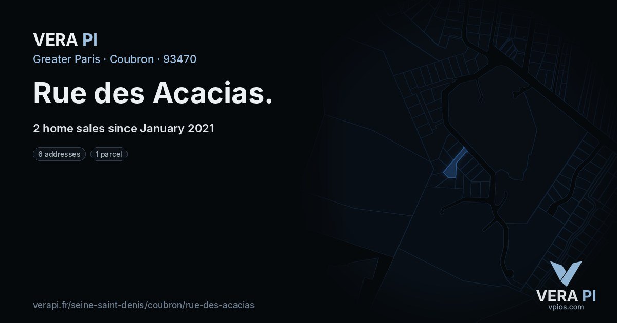 Rue des Acacias, Coubron at night – every parcel coloured by the prices around it, the street's own parcels lit