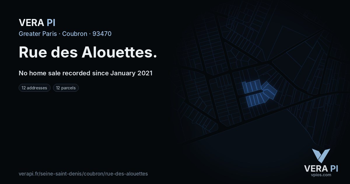 Rue des Alouettes, Coubron at night – every parcel coloured by the prices around it, the street's own parcels lit