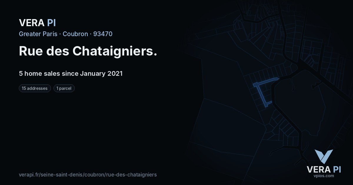 Rue des Chataigniers, Coubron at night – every parcel coloured by the prices around it, the street's own parcels lit