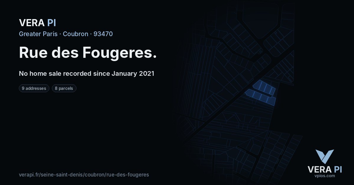 Rue des Fougeres, Coubron at night – every parcel coloured by the prices around it, the street's own parcels lit