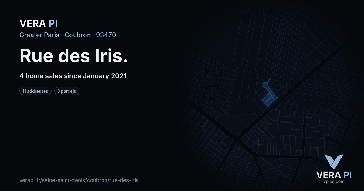 Rue des Iris, Coubron at night – every parcel coloured by the prices around it, the street's own parcels lit