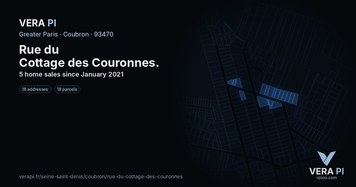 Rue du Cottage des Couronnes, Coubron at night – every parcel coloured by the prices around it, the street's own parcels lit
