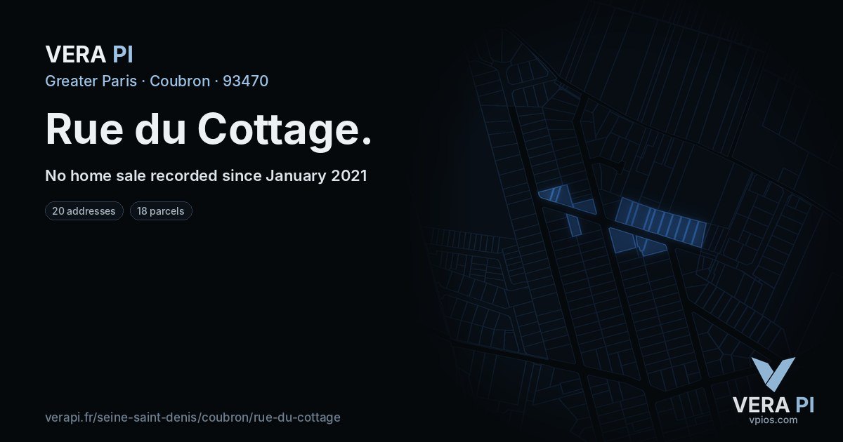 Rue du Cottage, Coubron at night – every parcel coloured by the prices around it, the street's own parcels lit
