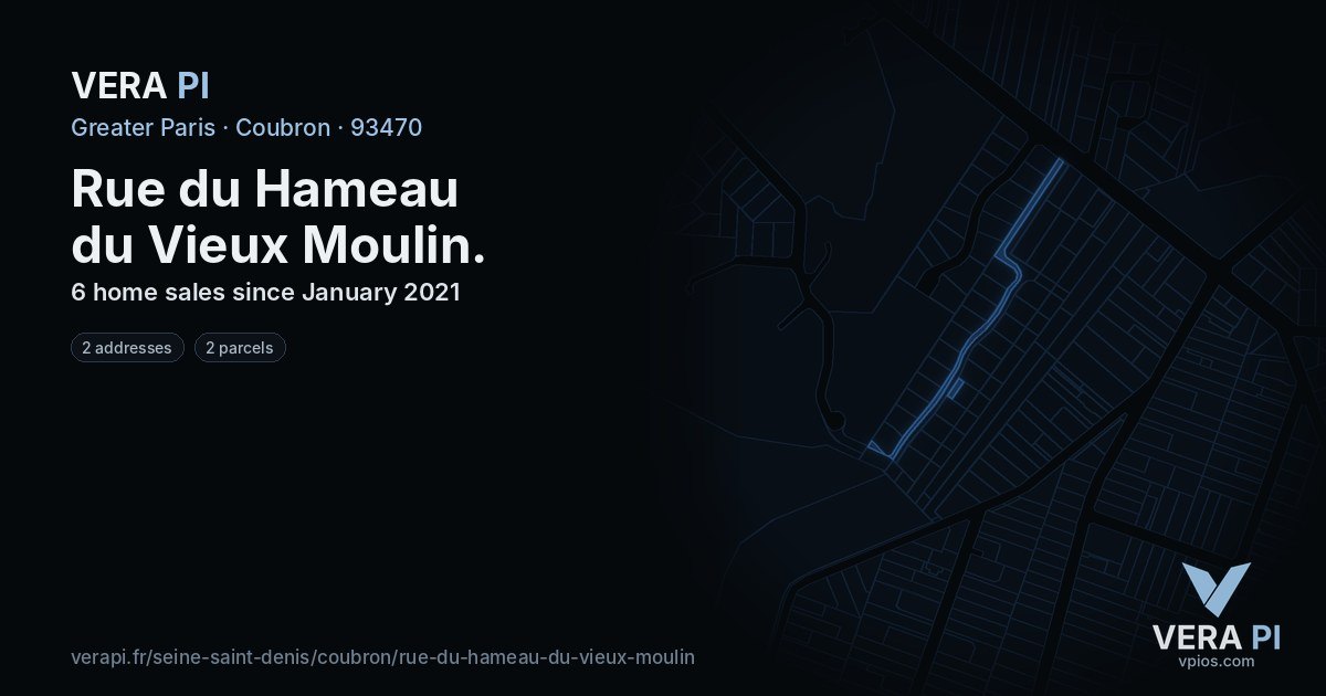 Rue du Hameau du Vieux Moulin, Coubron at night – every parcel coloured by the prices around it, the street's own parcels lit