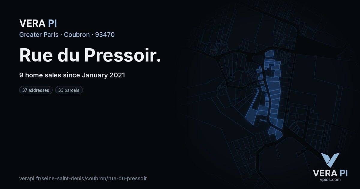 Rue du Pressoir, Coubron at night – every parcel coloured by the prices around it, the street's own parcels lit