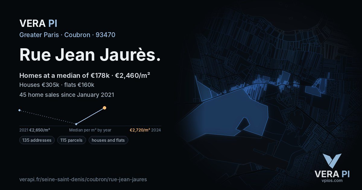 Rue Jean Jaurès, Coubron at night – every parcel coloured by the prices around it, the street's own parcels lit