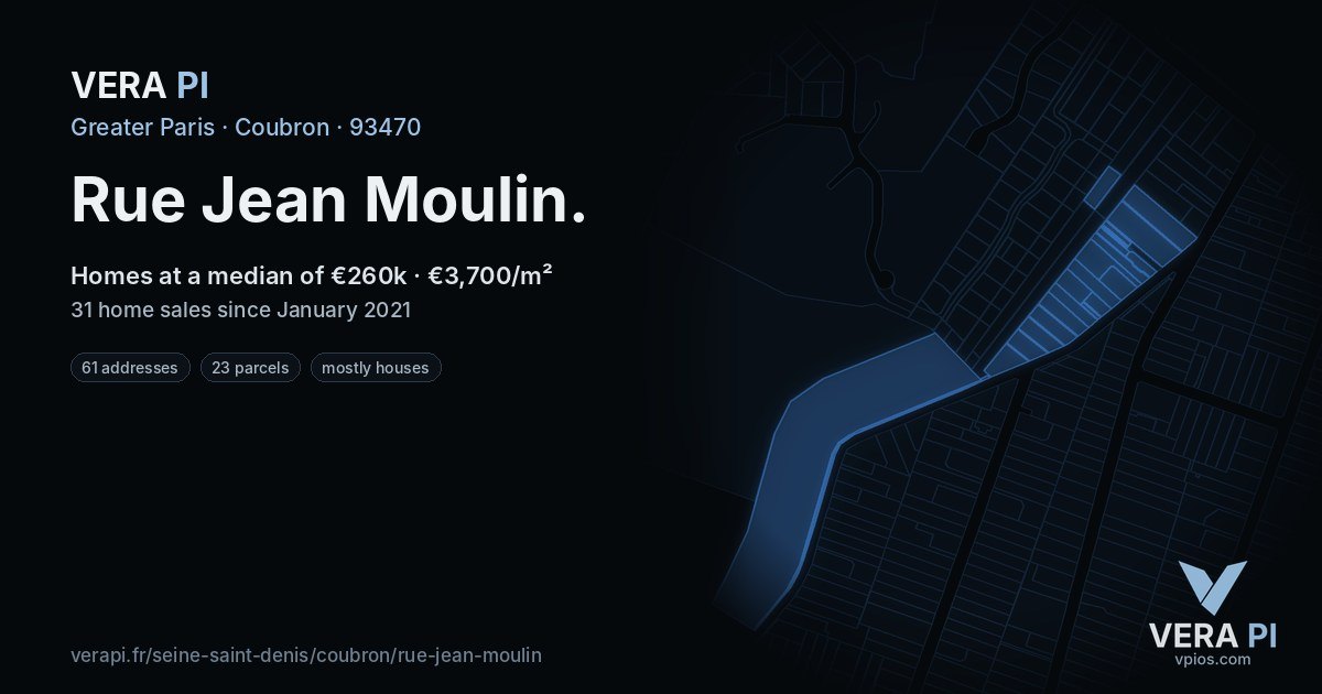 Rue Jean Moulin, Coubron at night – every parcel coloured by the prices around it, the street's own parcels lit