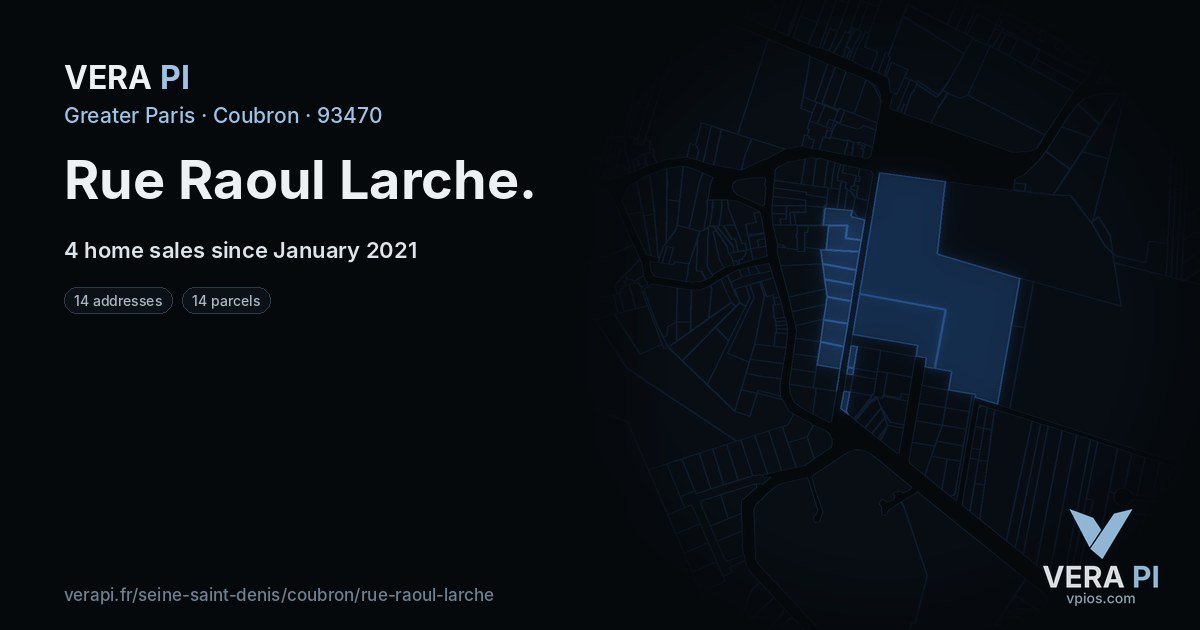 Rue Raoul Larche, Coubron at night – every parcel coloured by the prices around it, the street's own parcels lit
