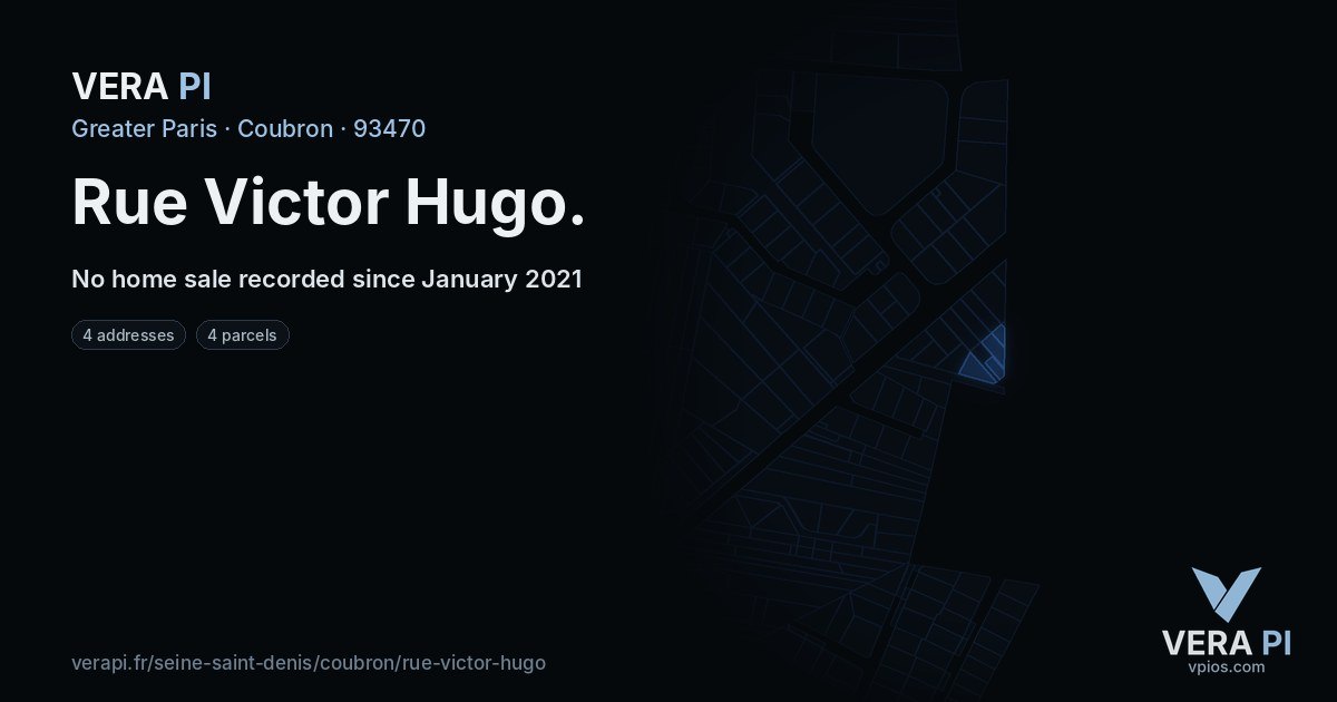 Rue Victor Hugo, Coubron at night – every parcel coloured by the prices around it, the street's own parcels lit
