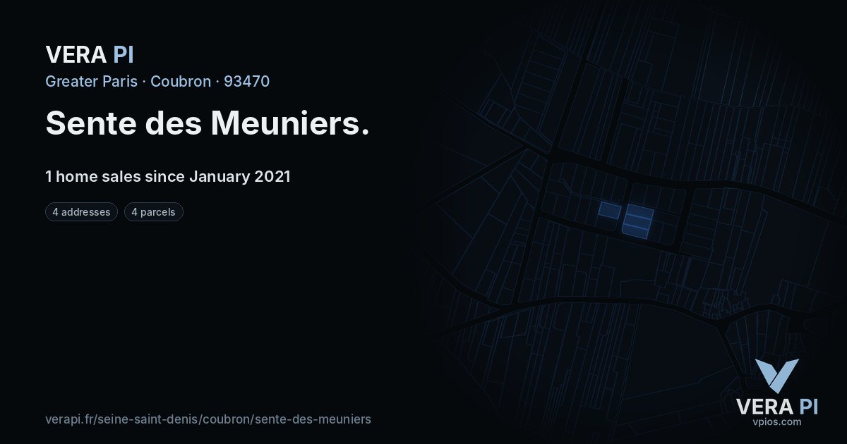 Sente des Meuniers, Coubron at night – every parcel coloured by the prices around it, the street's own parcels lit