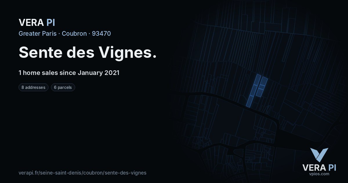 Sente des Vignes, Coubron at night – every parcel coloured by the prices around it, the street's own parcels lit