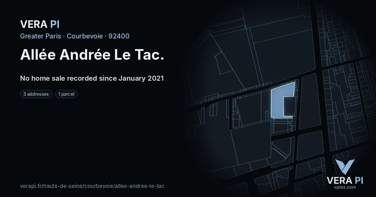 Allée Andrée Le Tac, Courbevoie at night – every parcel coloured by the prices around it, the street's own parcels lit