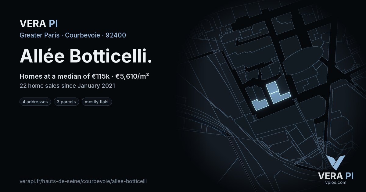 Allée Botticelli, Courbevoie at night – every parcel coloured by the prices around it, the street's own parcels lit