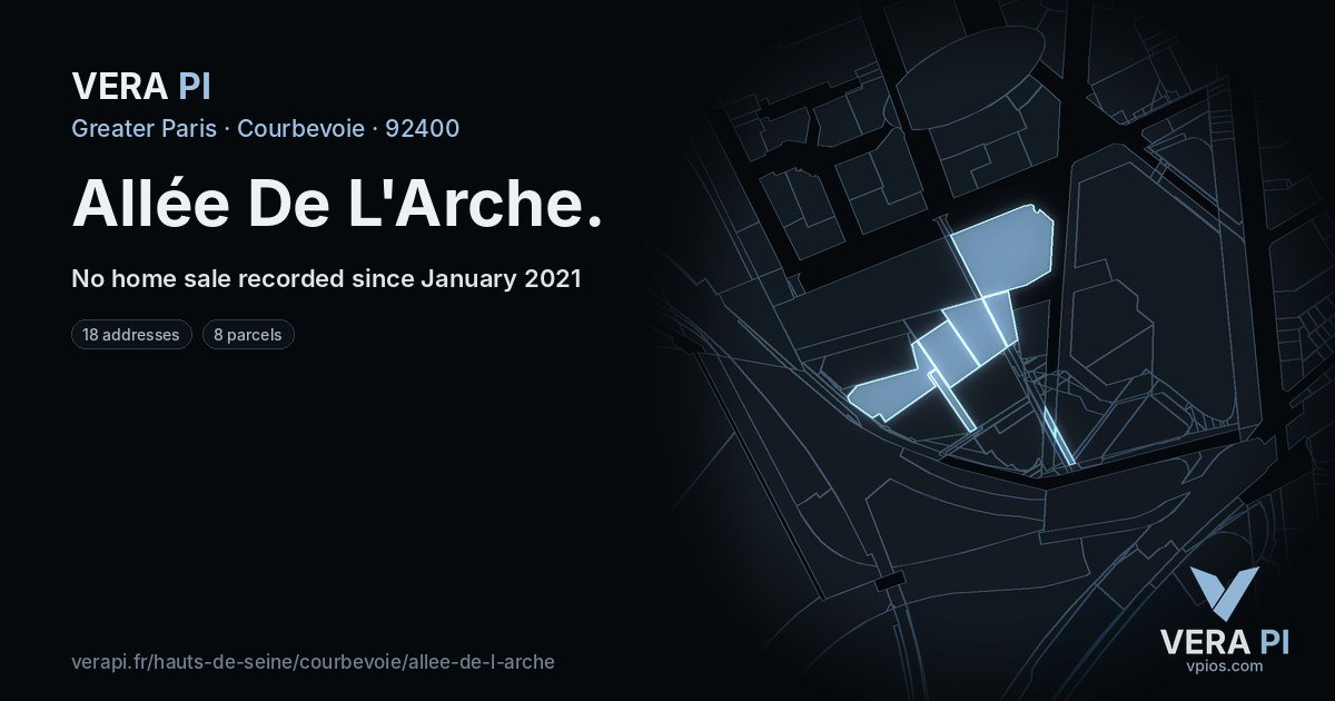 Allée De L'Arche, Courbevoie at night – every parcel coloured by the prices around it, the street's own parcels lit