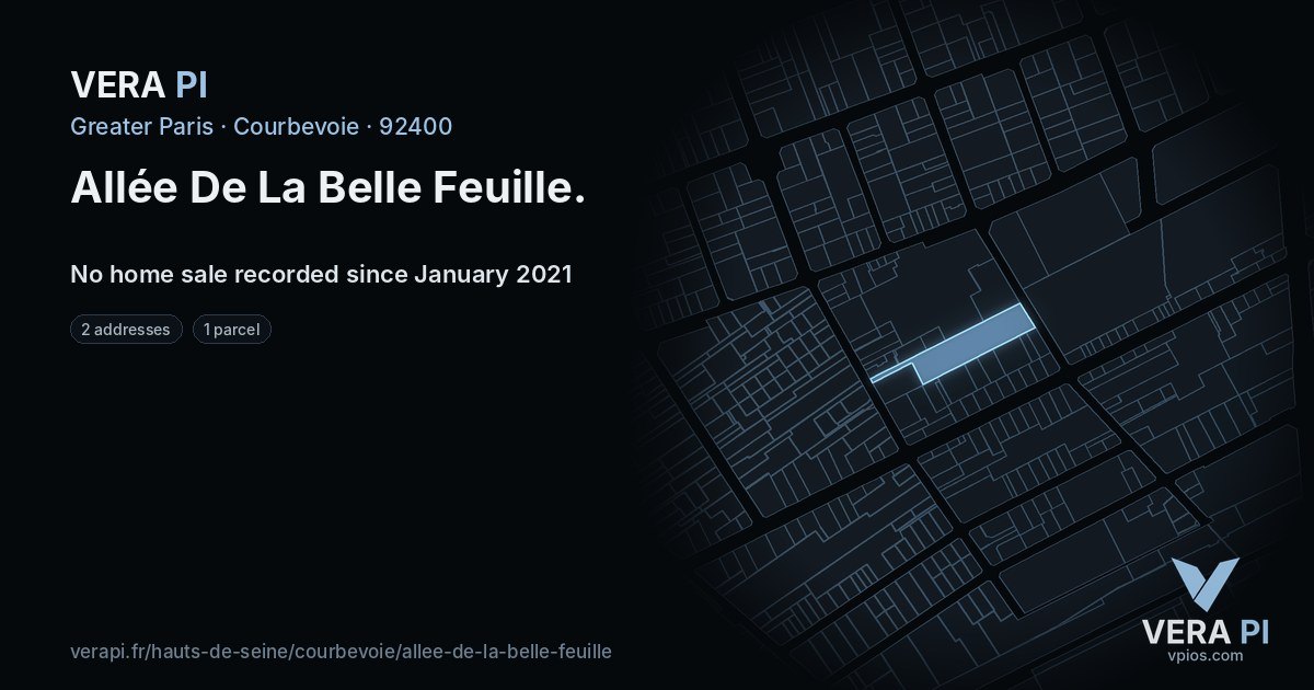 Allée De La Belle Feuille, Courbevoie at night – every parcel coloured by the prices around it, the street's own parcels lit