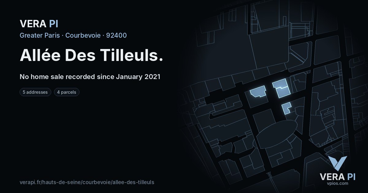 Allée Des Tilleuls, Courbevoie at night – every parcel coloured by the prices around it, the street's own parcels lit