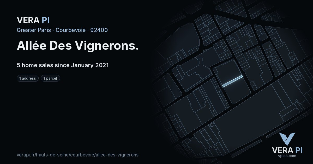 Allée Des Vignerons, Courbevoie at night – every parcel coloured by the prices around it, the street's own parcels lit