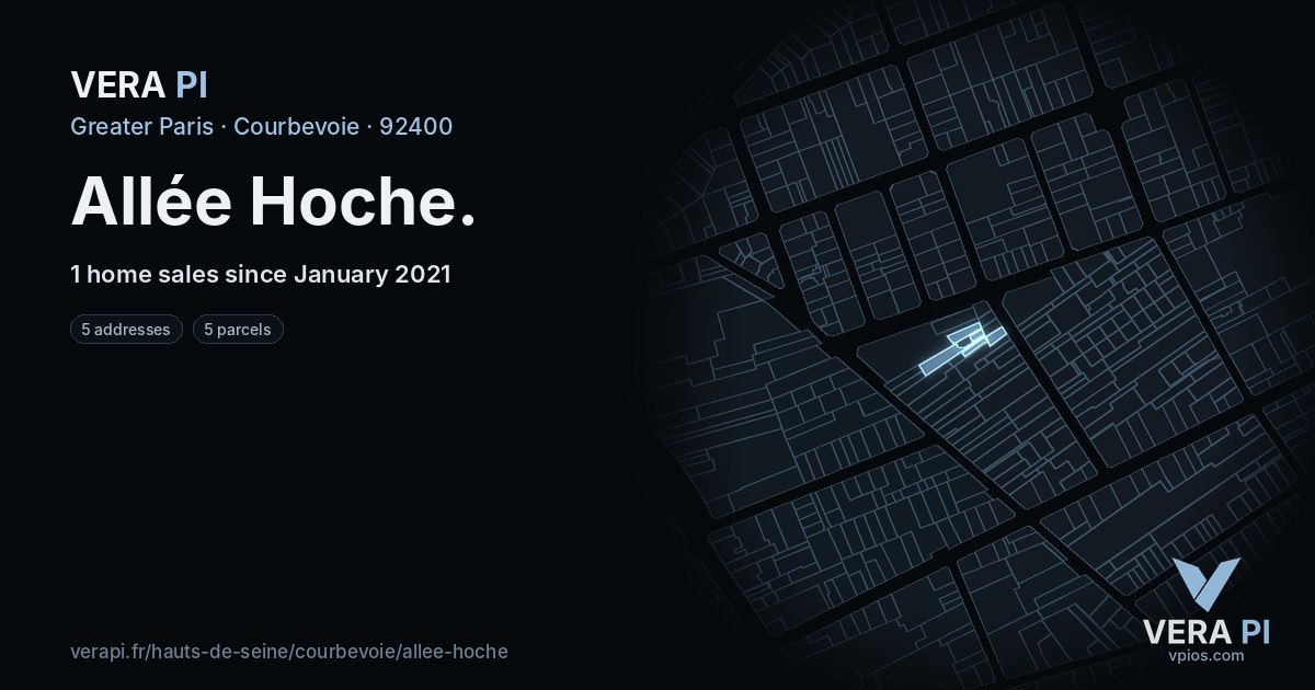 Allée Hoche, Courbevoie at night – every parcel coloured by the prices around it, the street's own parcels lit