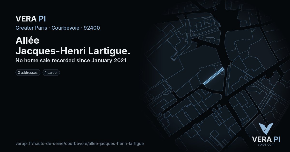 Allée Jacques-Henri Lartigue, Courbevoie at night – every parcel coloured by the prices around it, the street's own parcels lit