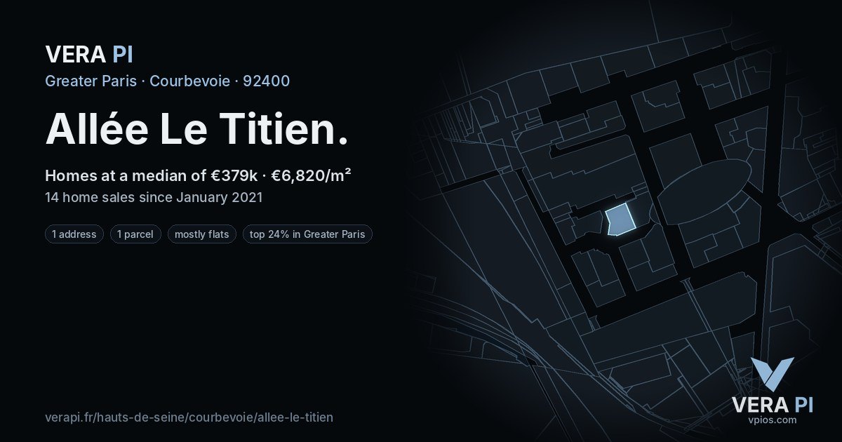 Allée Le Titien, Courbevoie at night – every parcel coloured by the prices around it, the street's own parcels lit