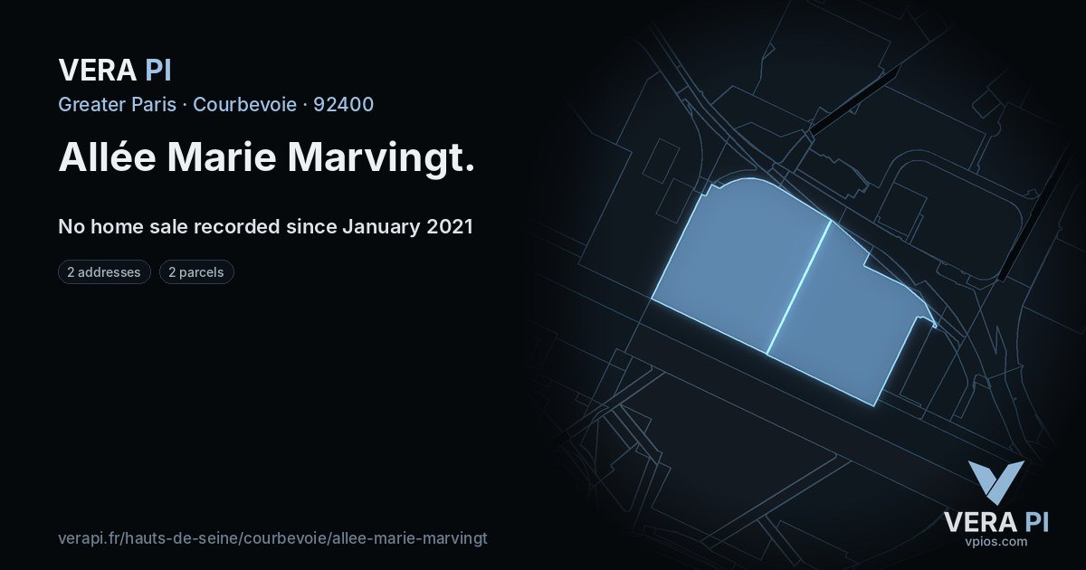 Allée Marie Marvingt, Courbevoie at night – every parcel coloured by the prices around it, the street's own parcels lit