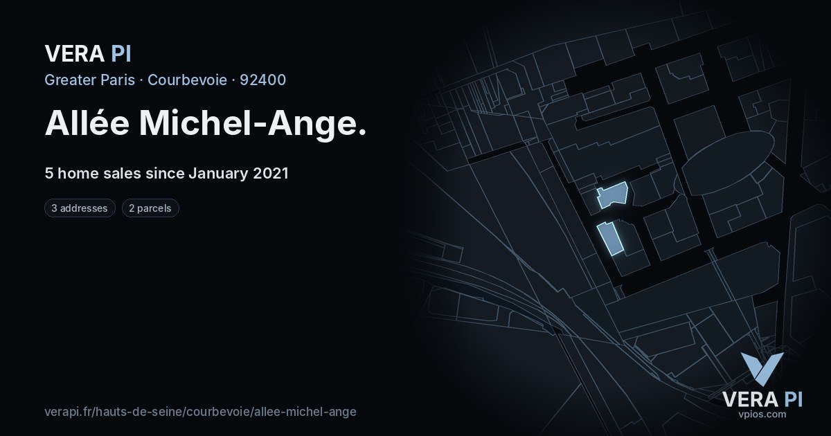 Allée Michel-Ange, Courbevoie at night – every parcel coloured by the prices around it, the street's own parcels lit