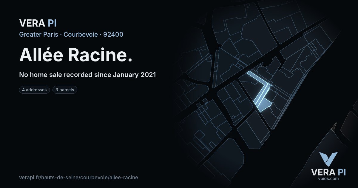 Allée Racine, Courbevoie at night – every parcel coloured by the prices around it, the street's own parcels lit