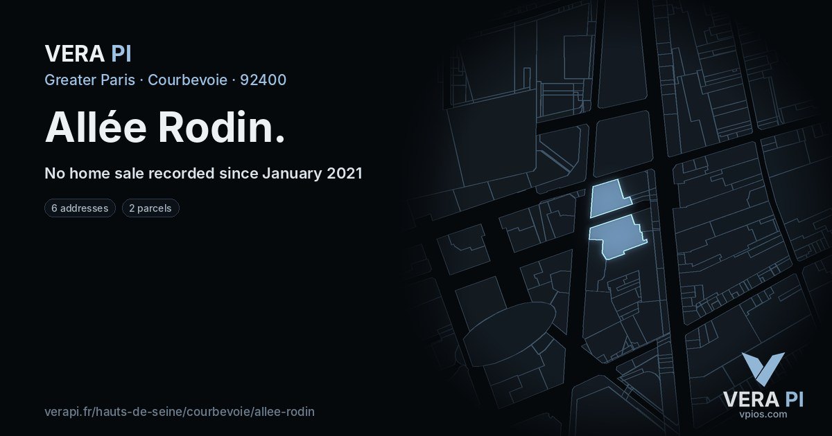 Allée Rodin, Courbevoie at night – every parcel coloured by the prices around it, the street's own parcels lit