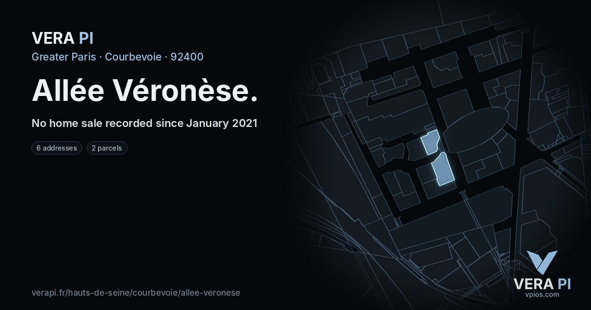 Allée Véronèse, Courbevoie at night – every parcel coloured by the prices around it, the street's own parcels lit