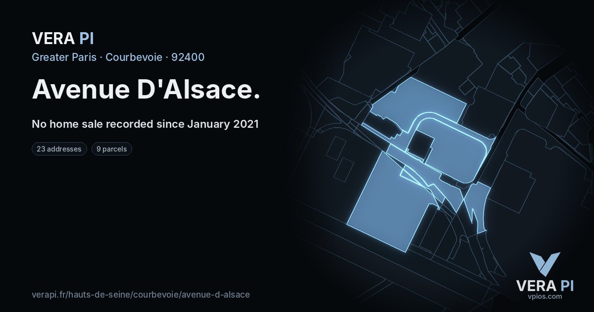Avenue D'Alsace, Courbevoie at night – every parcel coloured by the prices around it, the street's own parcels lit