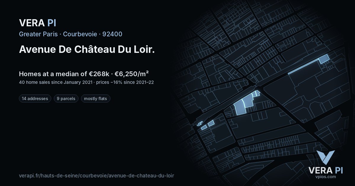 Avenue De Château Du Loir, Courbevoie at night – every parcel coloured by the prices around it, the street's own parcels lit