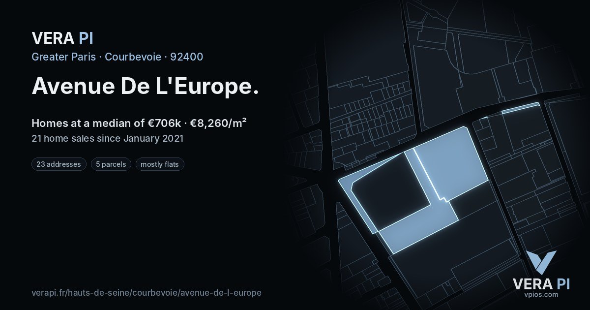 Avenue De L'Europe, Courbevoie at night – every parcel coloured by the prices around it, the street's own parcels lit
