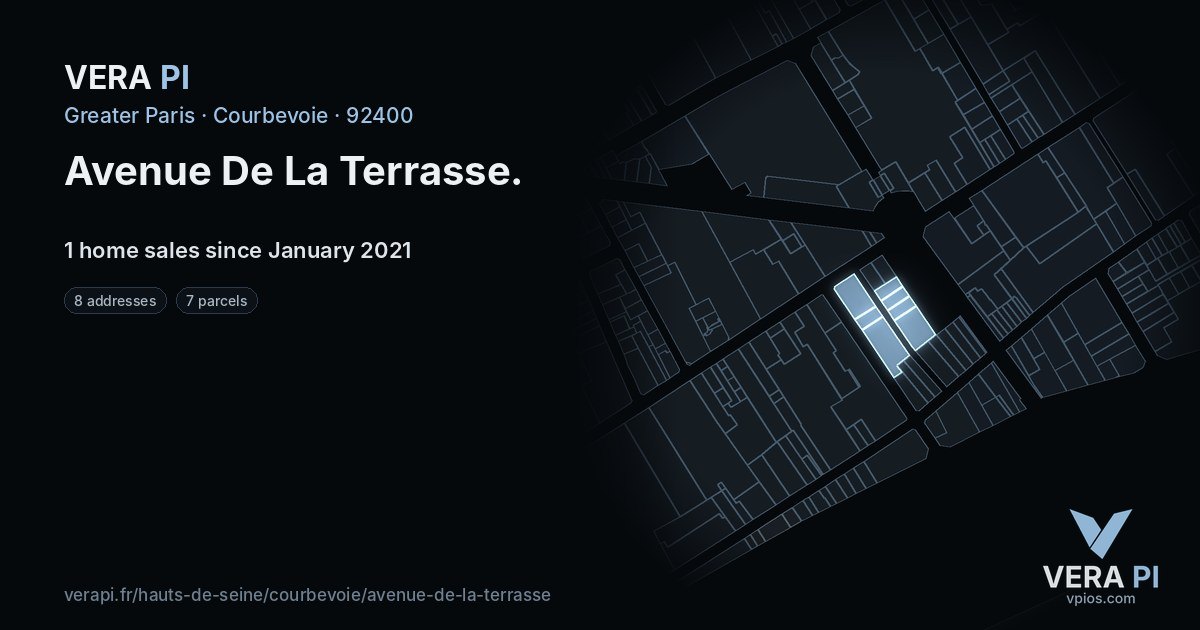 Avenue De La Terrasse, Courbevoie at night – every parcel coloured by the prices around it, the street's own parcels lit