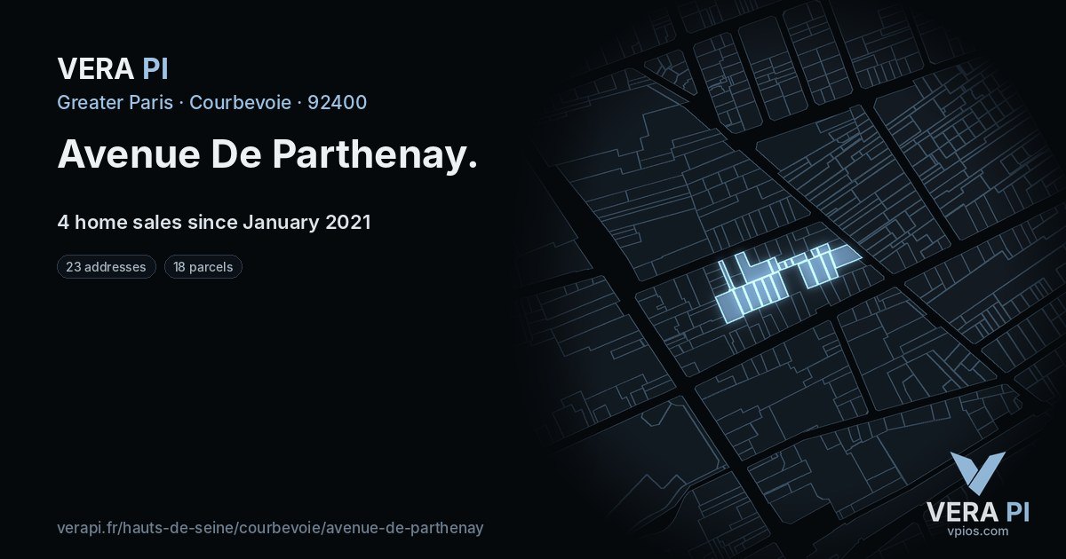 Avenue De Parthenay, Courbevoie at night – every parcel coloured by the prices around it, the street's own parcels lit