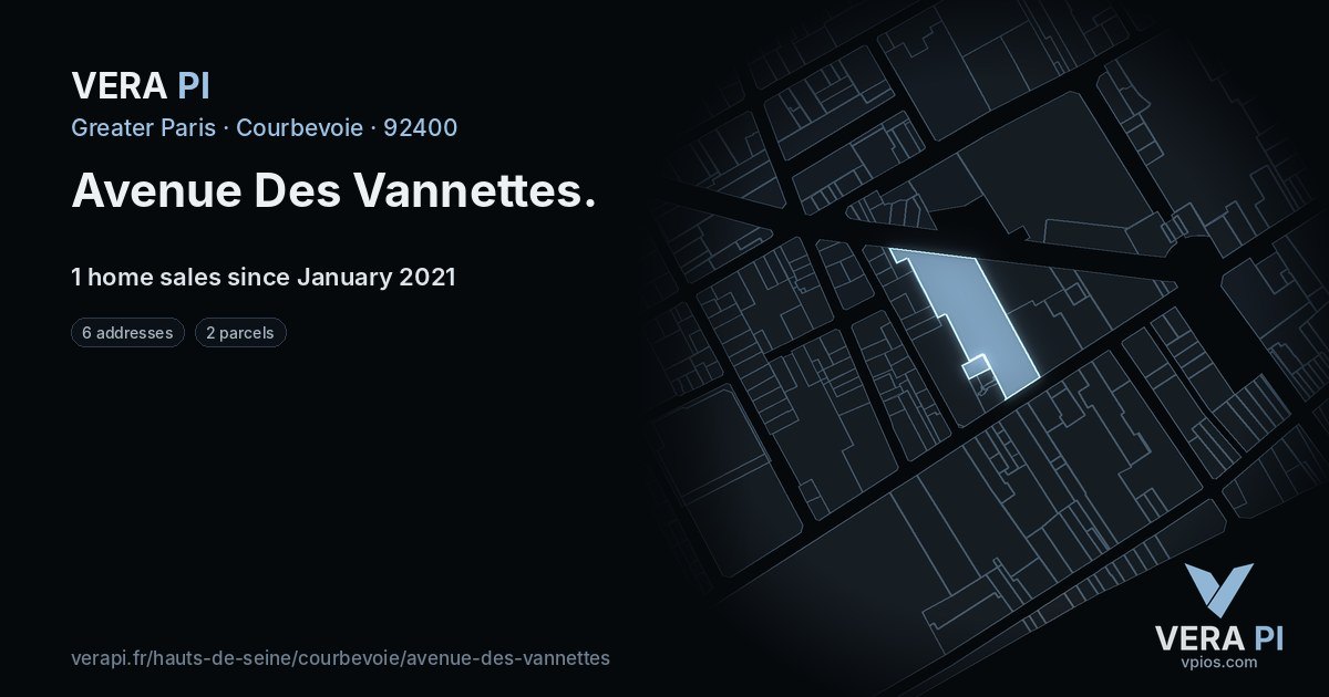 Avenue Des Vannettes, Courbevoie at night – every parcel coloured by the prices around it, the street's own parcels lit