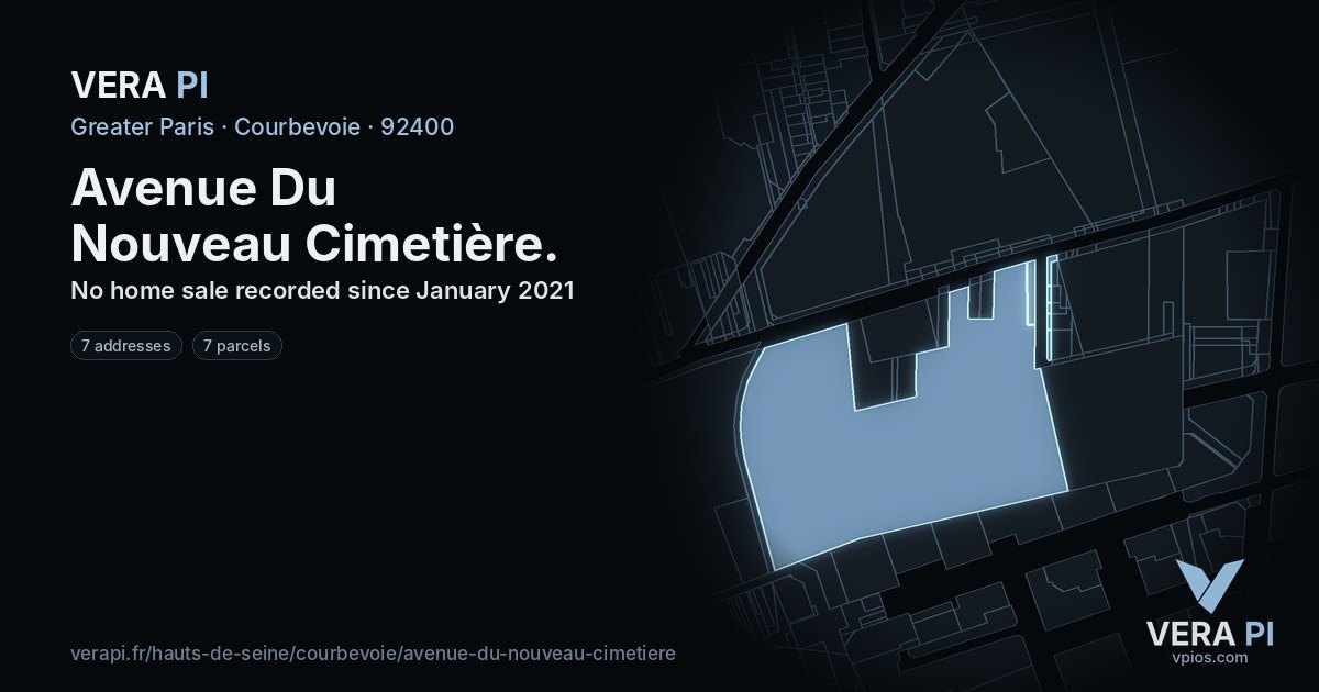 Avenue Du Nouveau Cimetière, Courbevoie at night – every parcel coloured by the prices around it, the street's own parcels lit